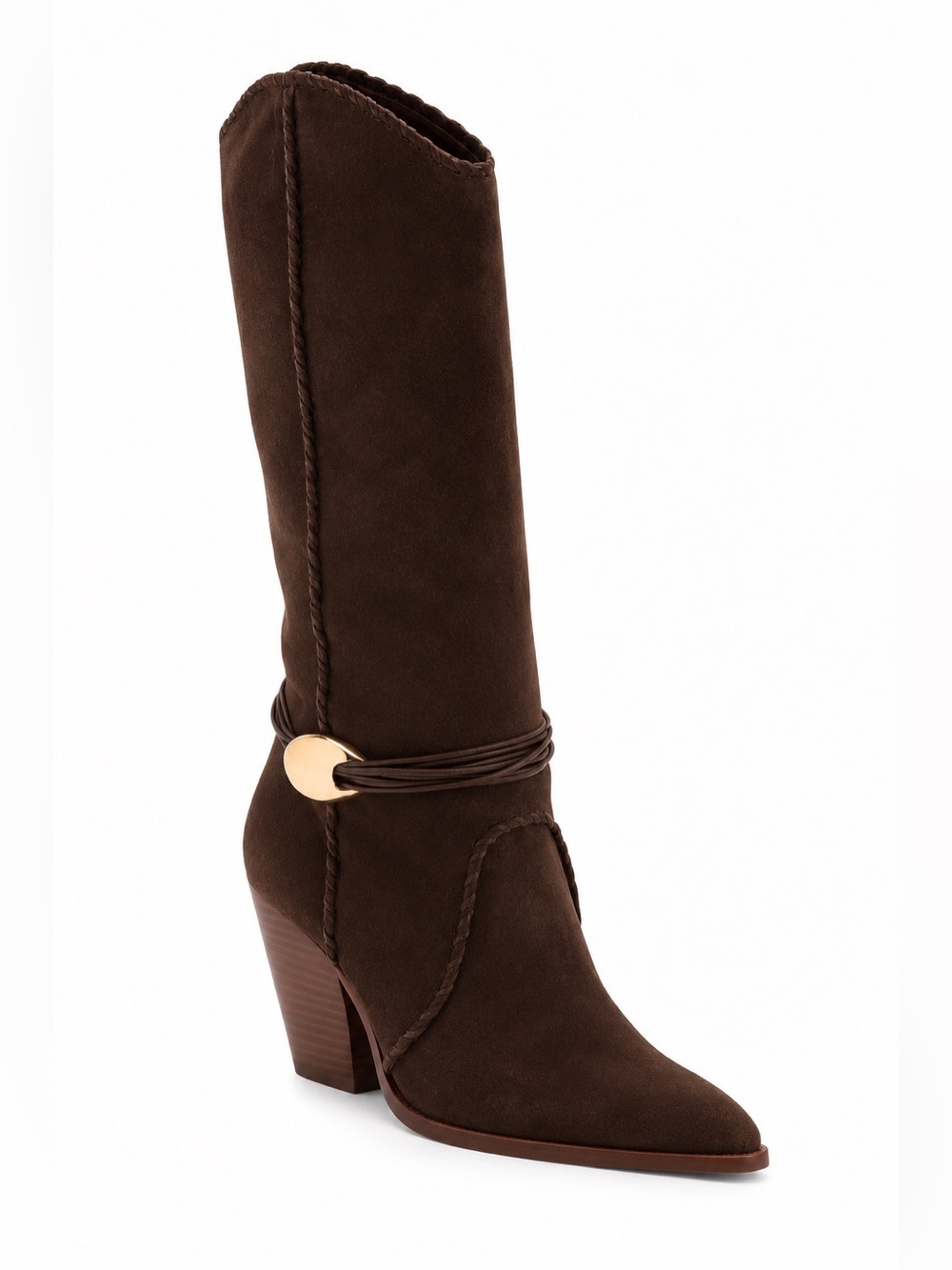 Dolce Vita Dark Brown Suede Mid-Calf Heel Boots with Gold Accent